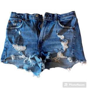 Abercrombie & Fitch 27/4 Waist Mom High Rise Blue Denim Distressed Jean Shorts